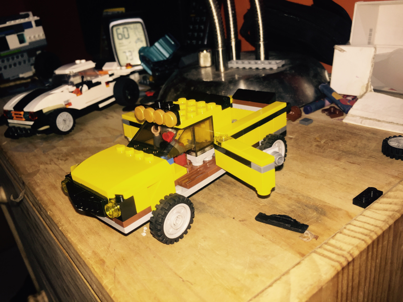 A lifted, lighted pickup truck. I made it out of a WRC hatchback I made. Please tell me that was a good idea